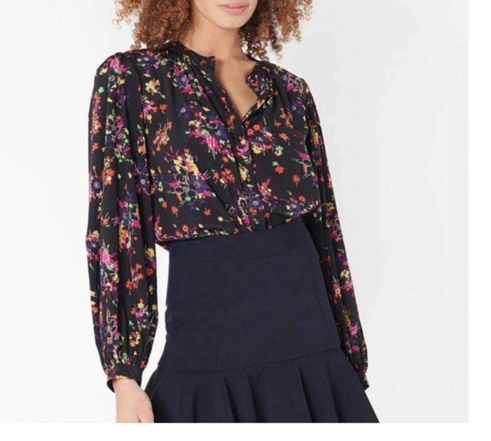 Veronica Beard Payton Black Floral Silk Tie Front Blouse Top Size 0